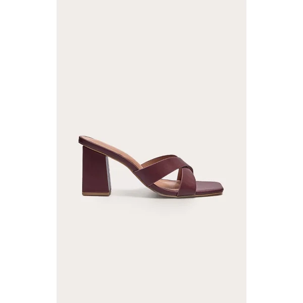Burgundy Pu Cross Strap Block Heeled Mules