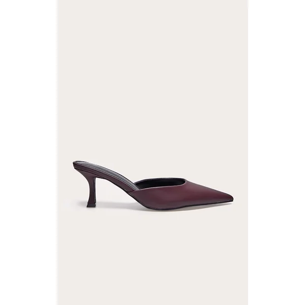 Burgundy PU Point Toe Mid Heeled Mules