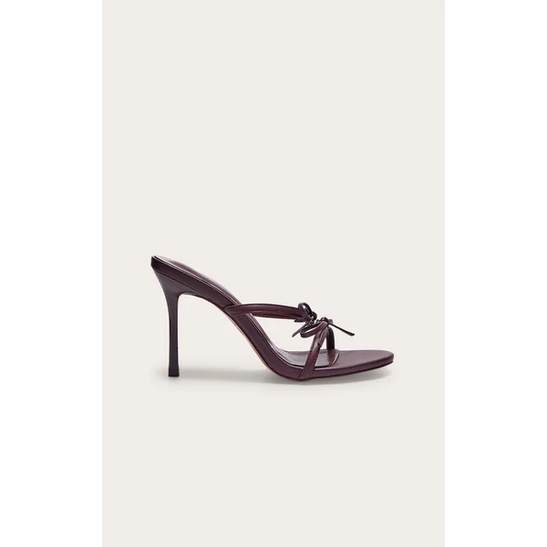 Burgundy Pu Round Toe Bow Strap High Stiletto Heeled Mules