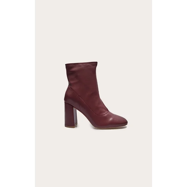 Burgundy Pu Round Toe Heeled Ankle Sock Boots