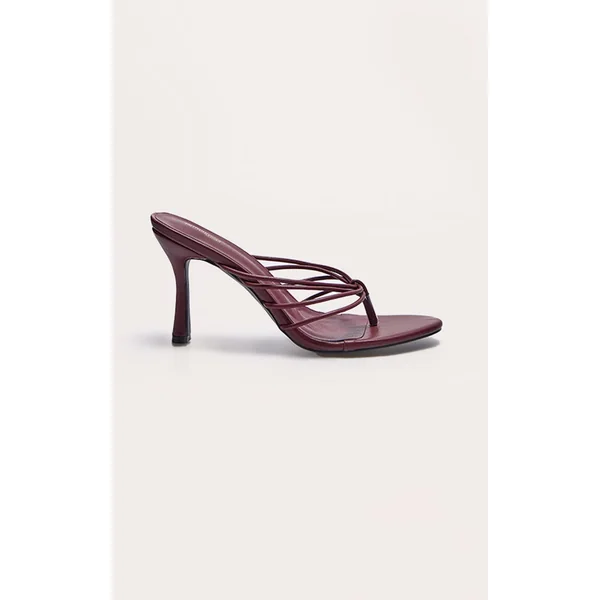 Burgundy Pu Round Toe Thong Strappy Mid Heeled Mules