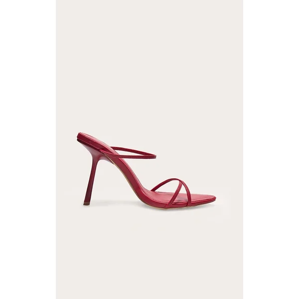 Burgundy PU Round Toe Triple Strap High Stiletto Heeled Mules