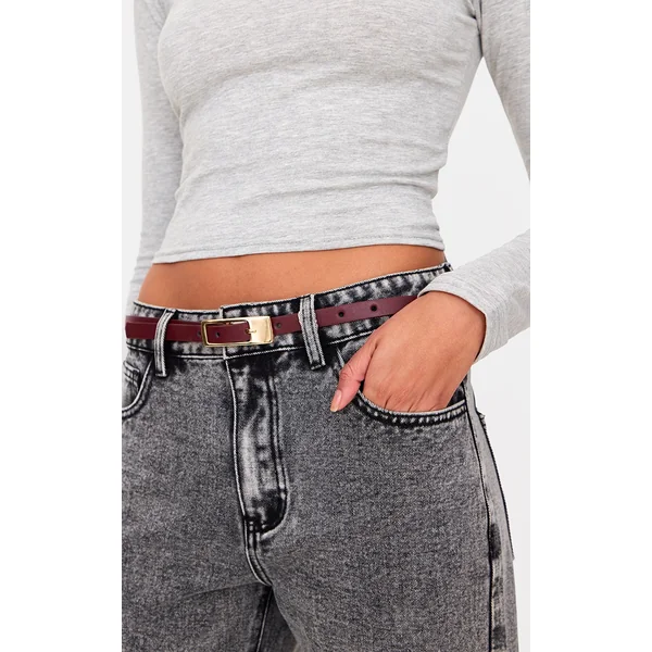 Burgundy PU Square Buckle Skinny Belt