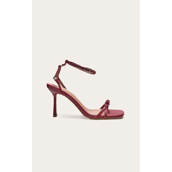 Burgundy PU Square Toe Buckle Detail Barely There Mid Heeled Sandals