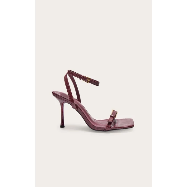 Burgundy PU Square Toe Double Buckle High Stiletto Heeled Sandals