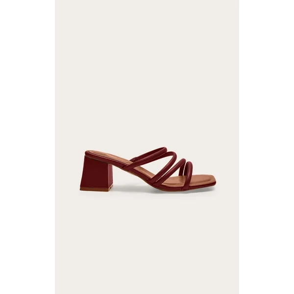 Burgundy Pu Square Toe Strappy Block Heel Mules