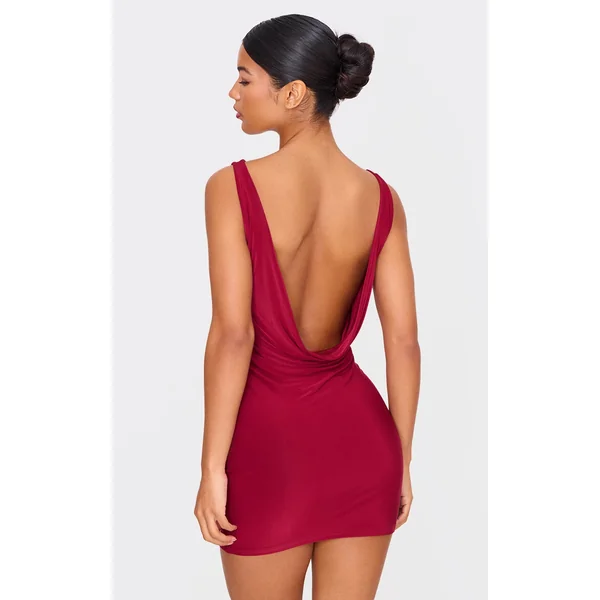 Burgundy Racer Neck Cowl Back Mini Dress