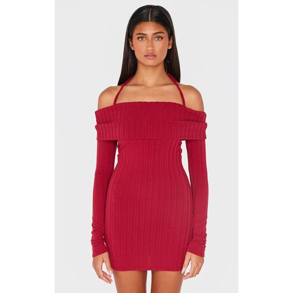 Burgundy Rib Bardot Fold Over Bodycon Dress