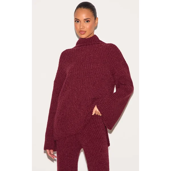 Burgundy Rib Boucle Knit Oversized Sweater