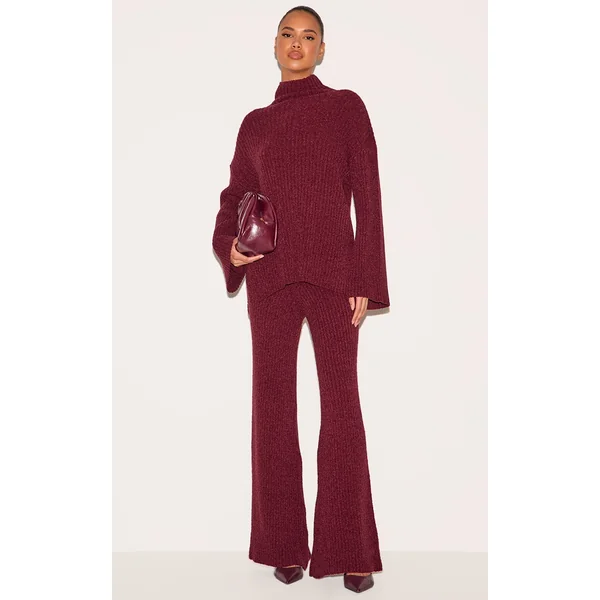Burgundy Rib Boucle Knit Wide Leg Pants