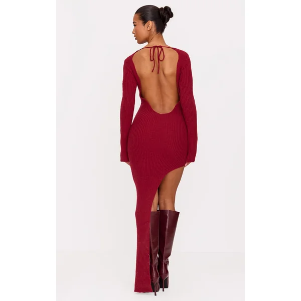 Burgundy Rib Knit Low Back Long Sleeve Maxi Dress