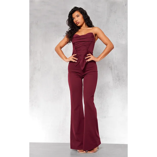 Burgundy Ruch Pointed Corset Bandeau Jumpsuit