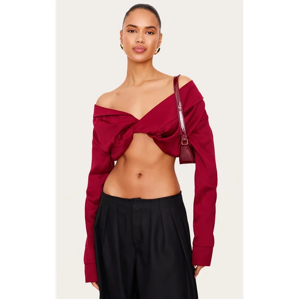 Burgundy Satin Bardot Twist Front Crop Blouse