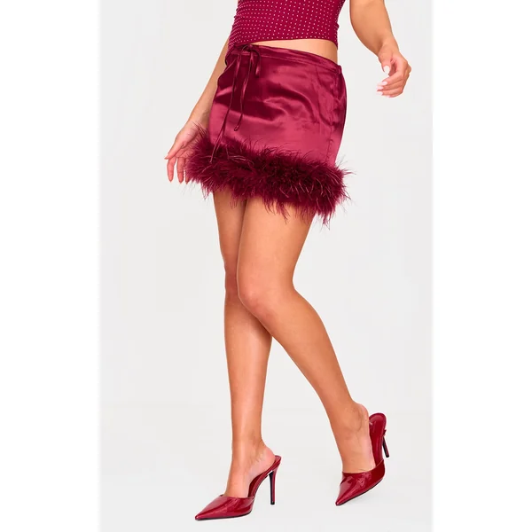 Burgundy Satin Drawstring Waist Detail Feather Hem Mini Skirt