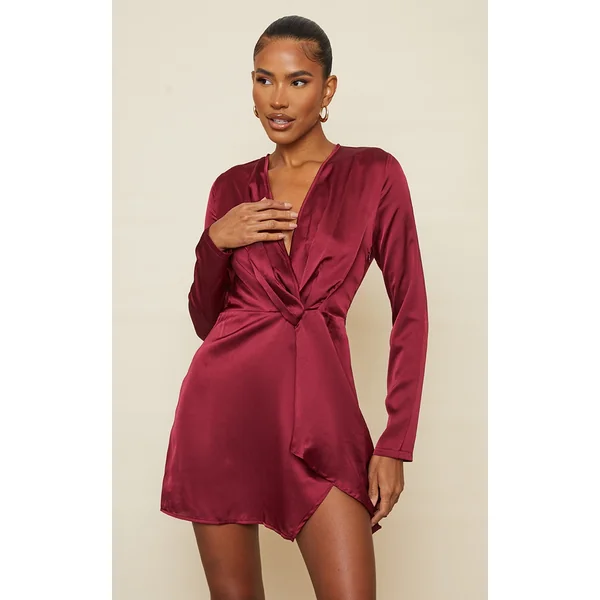 Burgundy Satin Long Sleeve Wrap Dress