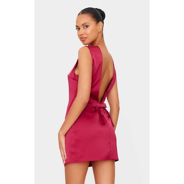 Burgundy Satin Plunge Back Bow Detail Mini Dress