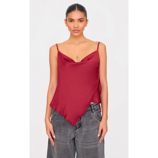 Burgundy Satin Split Hem Asymmetric Long Top