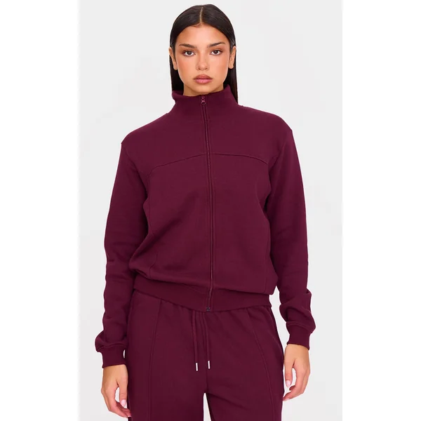 Burgundy Seam Detail Zip Through High Neck Sweatshirt