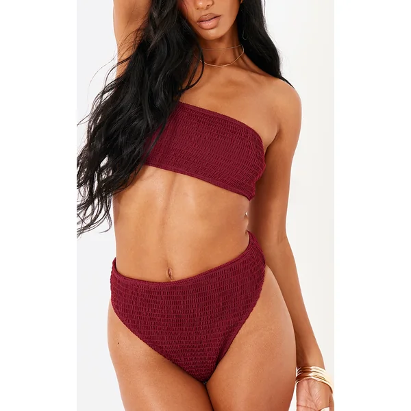 Burgundy Shirred High Waist Bikini Bottoms