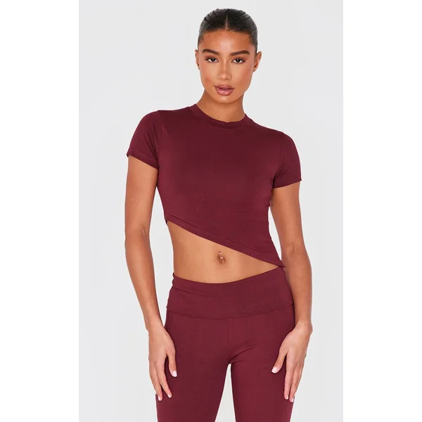Burgundy Short Sleeve Asymmetrical Crop Top
