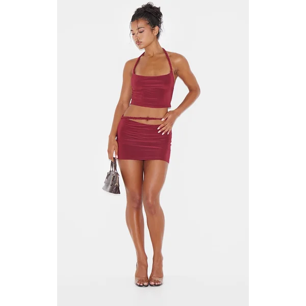 Burgundy Slinky Braided Front Micro Mini Skirt