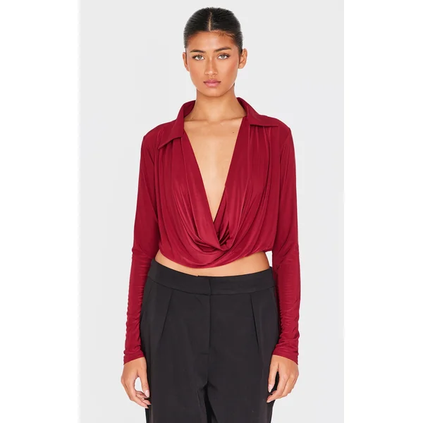 Burgundy Slinky Cowl Front Open Shirt