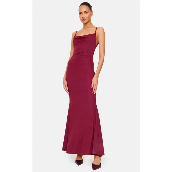 Burgundy Slinky Cowl Neck Lace Insert Detail Maxi Dress