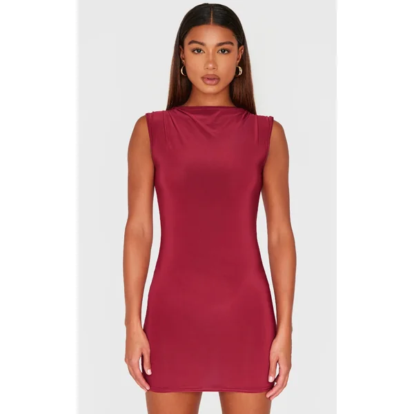Burgundy Slinky High Neck Ruched Mini Dress
