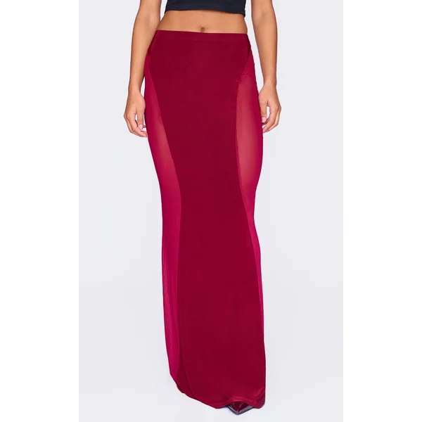 Burgundy Slinky Mesh Detail Maxi Skirt