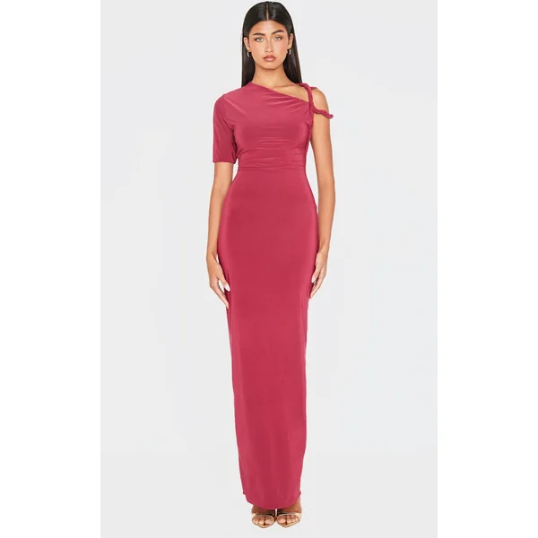 Burgundy Slinky Twist Shoulder Midaxi Dress