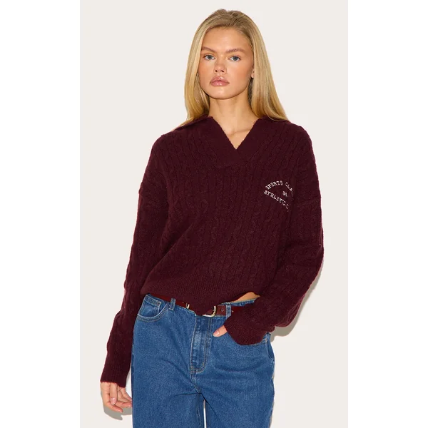 Burgundy Soft Cable Knit Embroidered Collar Detail Oversized Sweater