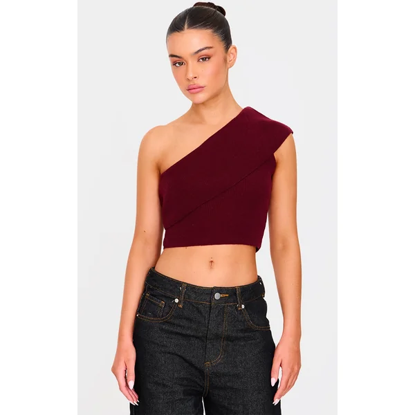 Burgundy Soft Rib Knit One Shoulder Fold Over Crop Top