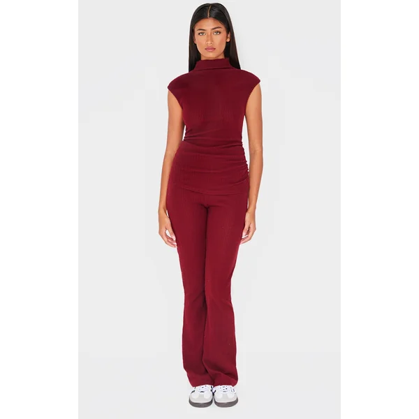 Burgundy Soft Rib Ruched Skinny Flare Pants