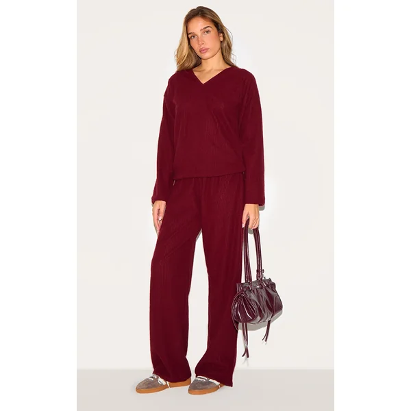 Burgundy Soft Rib Straight Leg Pants