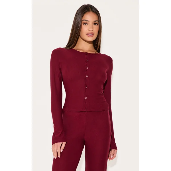 Burgundy Soft Touch Popper Fitted Long Sleeve Long Top