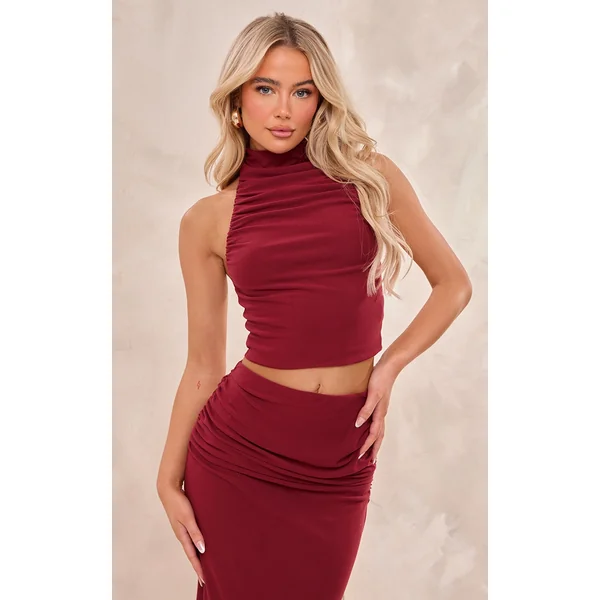 Burgundy Soft Touch Ruched Halterneck Crop Top