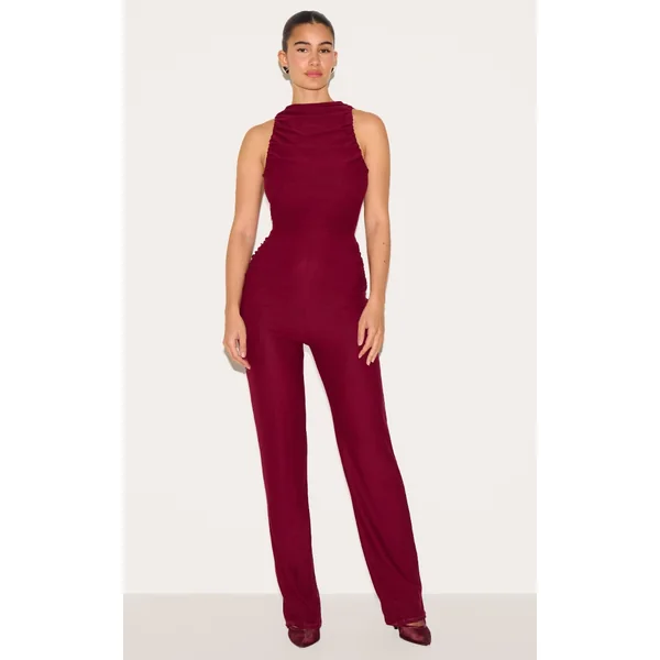 Burgundy Soft Touch Ruched Straight Leg Jumpsuit