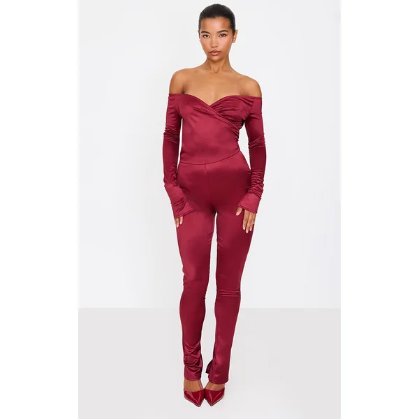 Burgundy Stretch Satin Cross Front Bardot Split Hem Jumpsuit