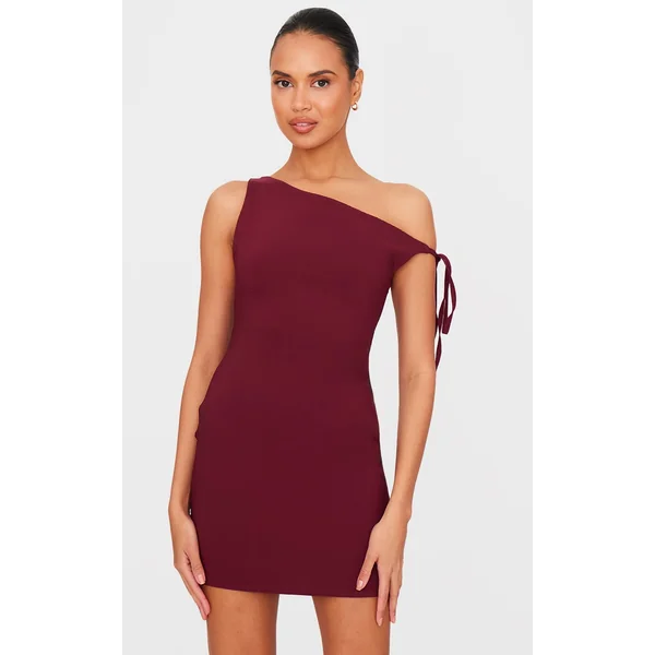 Burgundy Stretch Woven Asymmetric Tie Shoulder Mini Dress