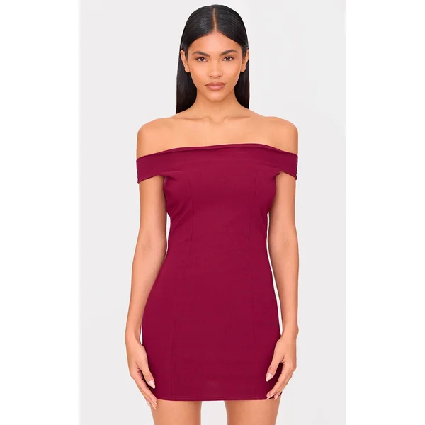 Burgundy Stretch Woven Bardot Bodycon Dress