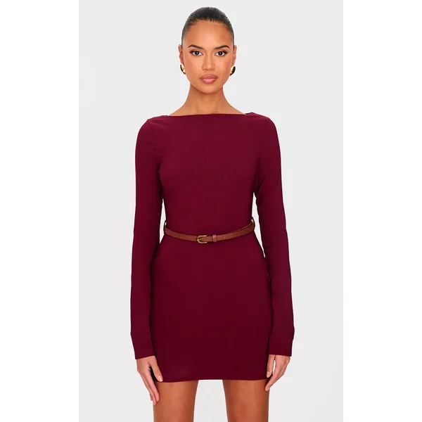 Burgundy Stretch Woven Belted Long Sleeve Bodycon Dress
