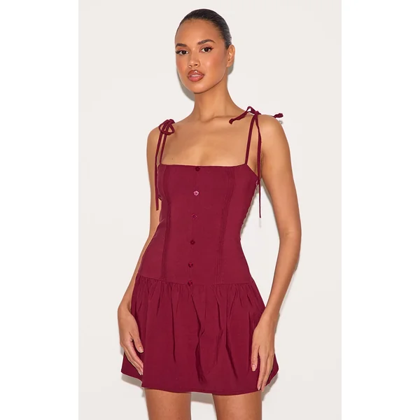 Burgundy Stretch Woven Button Down Pleated Mini Dress