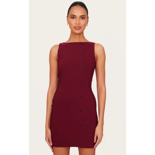 Burgundy Stretch Woven Button Down Shift Dress