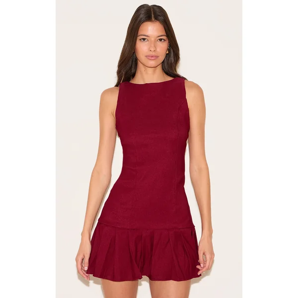 Burgundy Stretch Woven Frill Hem Shift Dress