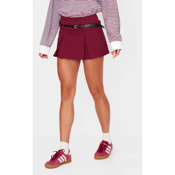 Burgundy Stretch Woven Low Rise Belted Skort
