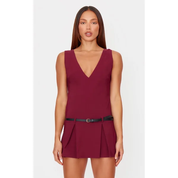 Burgundy Stretch Woven Pleated Belted Skort Romper