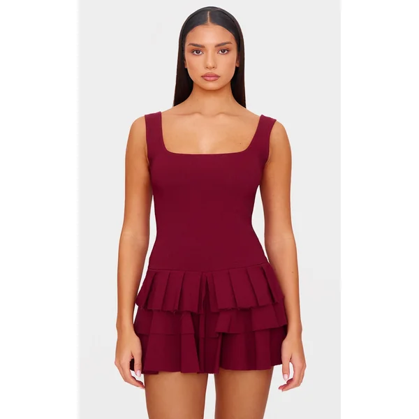 Burgundy Stretch Woven Pleated Skort Romper