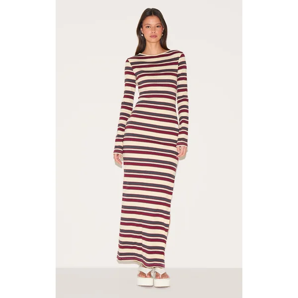 Burgundy Striped Boat Neck Long Sleeve Bodycon Dress