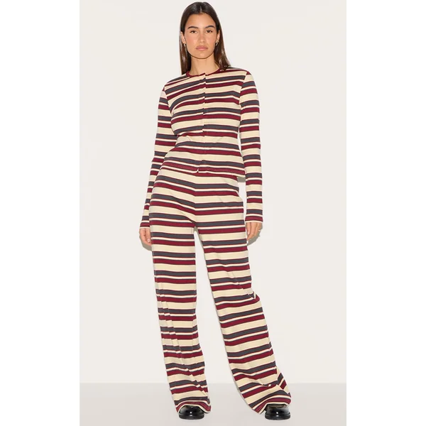 Burgundy Striped Mid Rise Ribbed Straight Leg Pants