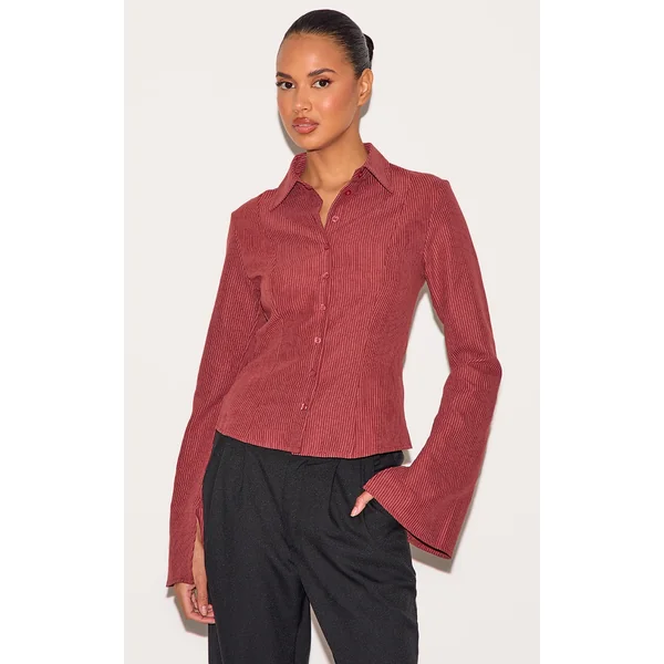 Burgundy Striped Peach Skin Fitted Shirt